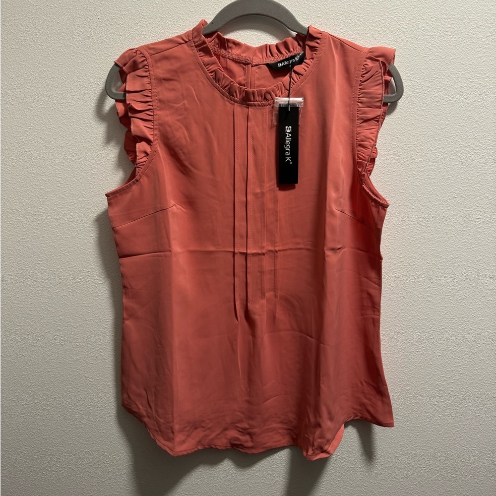 Allegra K Coral Ruffle Sleeve Sleeveless Blouse